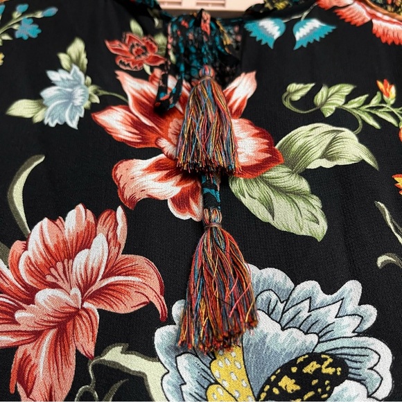 John Mark Top Sz L Mixed Print Animal Print Blouse Floral Tassel Shirring Artsy - Picture 7 of 14